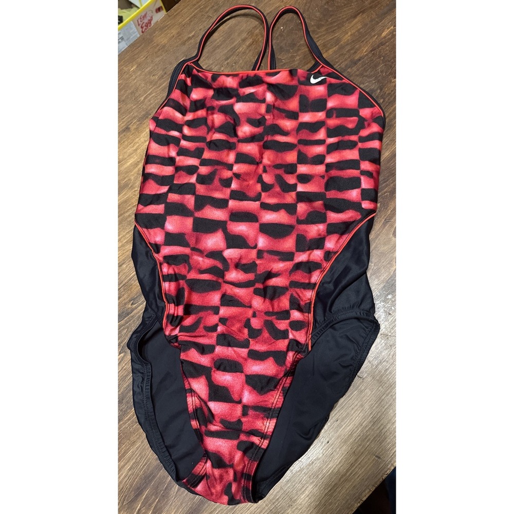 Summer Beach Vacation Nike 1 Pc Black Red Bathing Suit High Cut Racer Back M